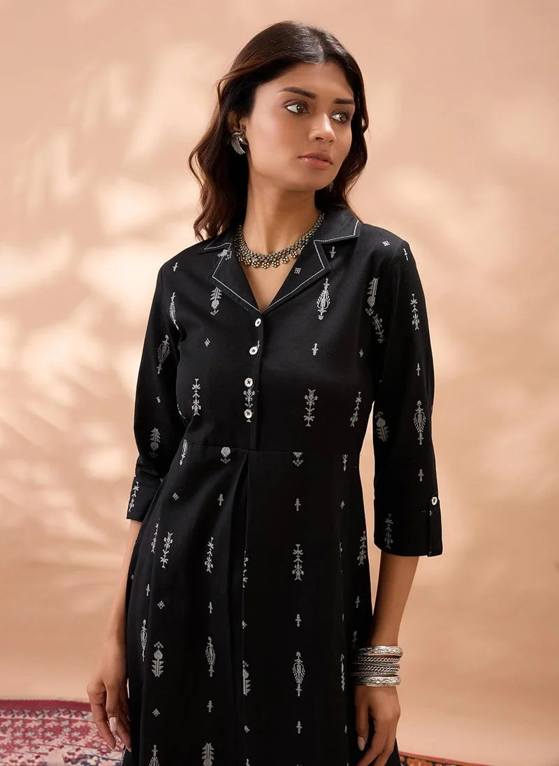 globus Globus Women Black Notched Lapel Roll Up Sleeves Ethnic Print A-Line Midi Dress